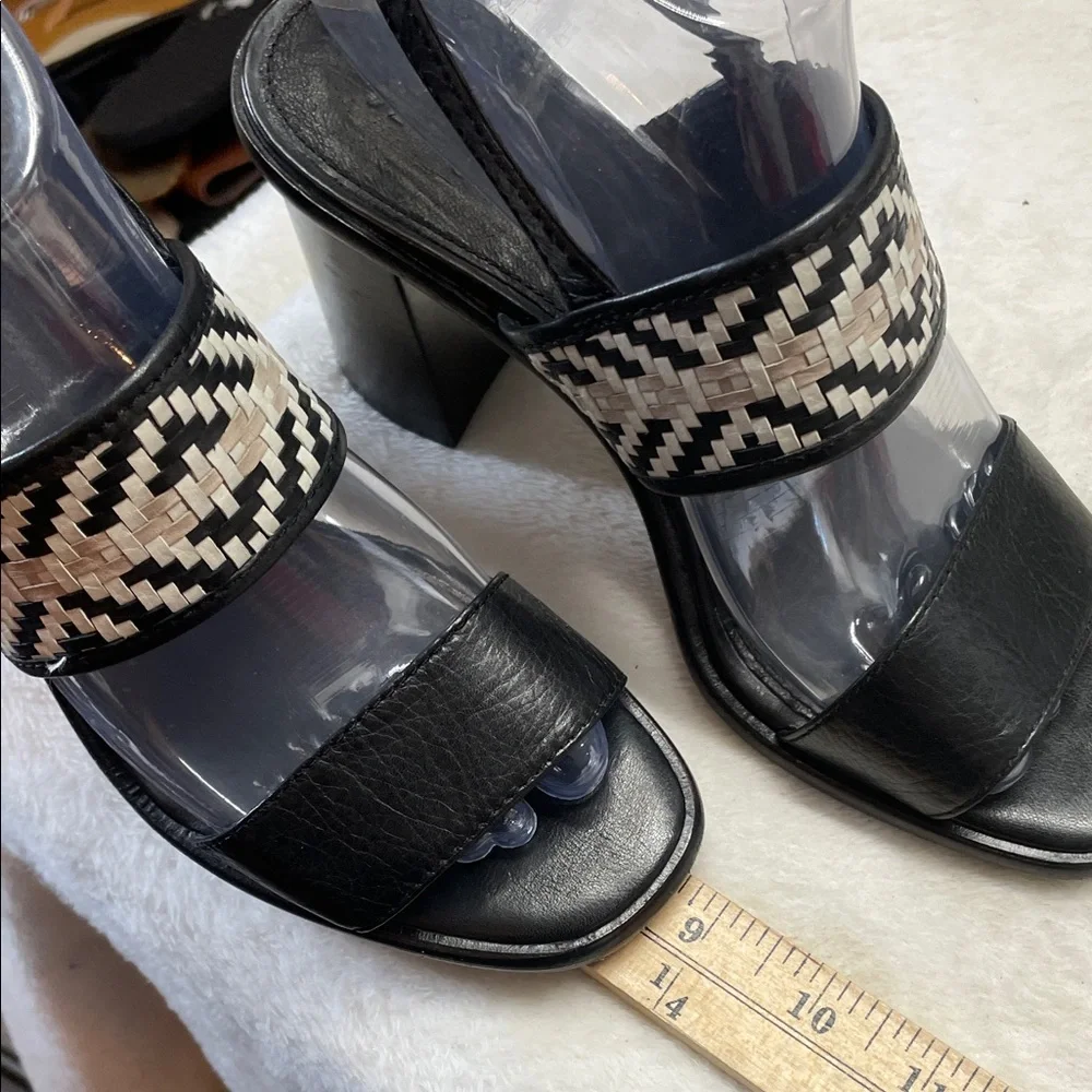 Frye Amy Black Block Heel Sandal with Woven Neutral‎ Accent